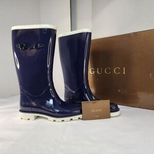 GUCCI Navy Horsebit Rain Boots 37 US 7.5 Blue White Rubber Boots w/ Box